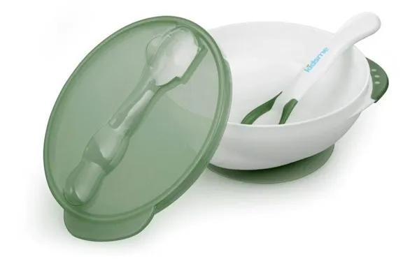 Kidsme - Tiefer Teller mit Saugnapf und Temperaturlöffel Grün