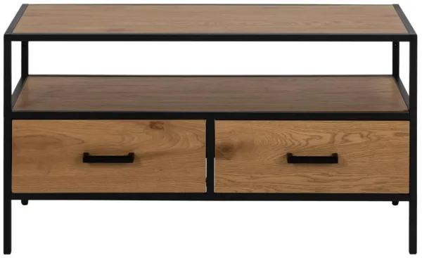 ACT NORDIC Seaford TV-Tisch, mit 1 Regal und 2 Schubladen - natur Wildeiche Melamin und schwarzes Metall (90x35)