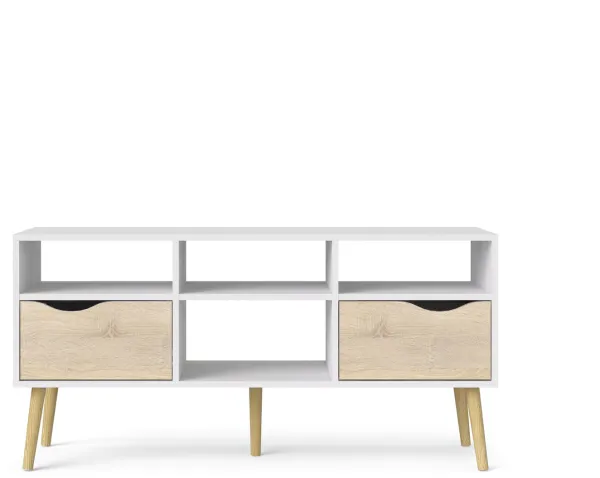 TVILUM Delta TV-Tisch - Weiß/Eichenstruktur, mit 2 Schubladen und 4 Fächern